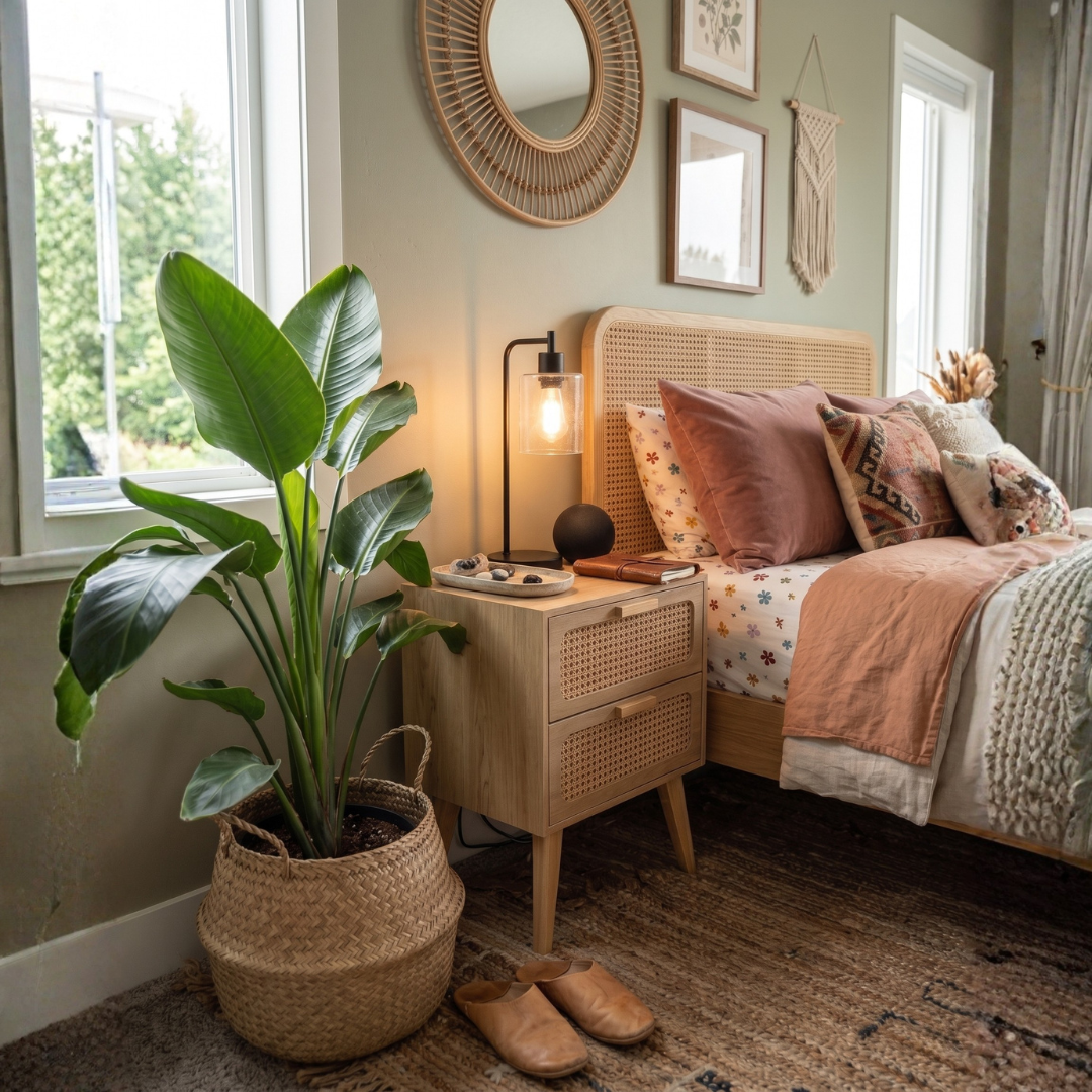 Table de Chevet boheme en bois et cannage
