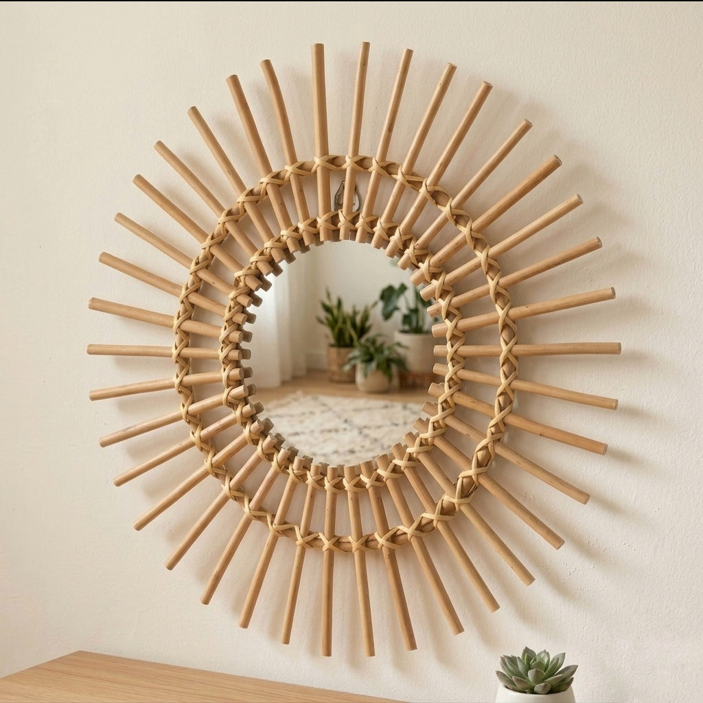 Mirroir boheme en bois hetre et rotin