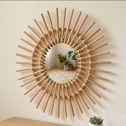 Mirroir boheme en bois hetre et rotin